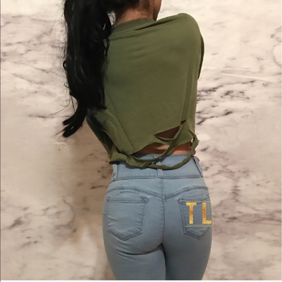 Tops - Distressed hollow khaki olive crop long sleeve top