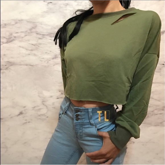 Distressed hollow khaki olive crop long sleeve top - Picture 3 of 3