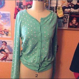 Mint green turquoise polkadot cardigan sweater