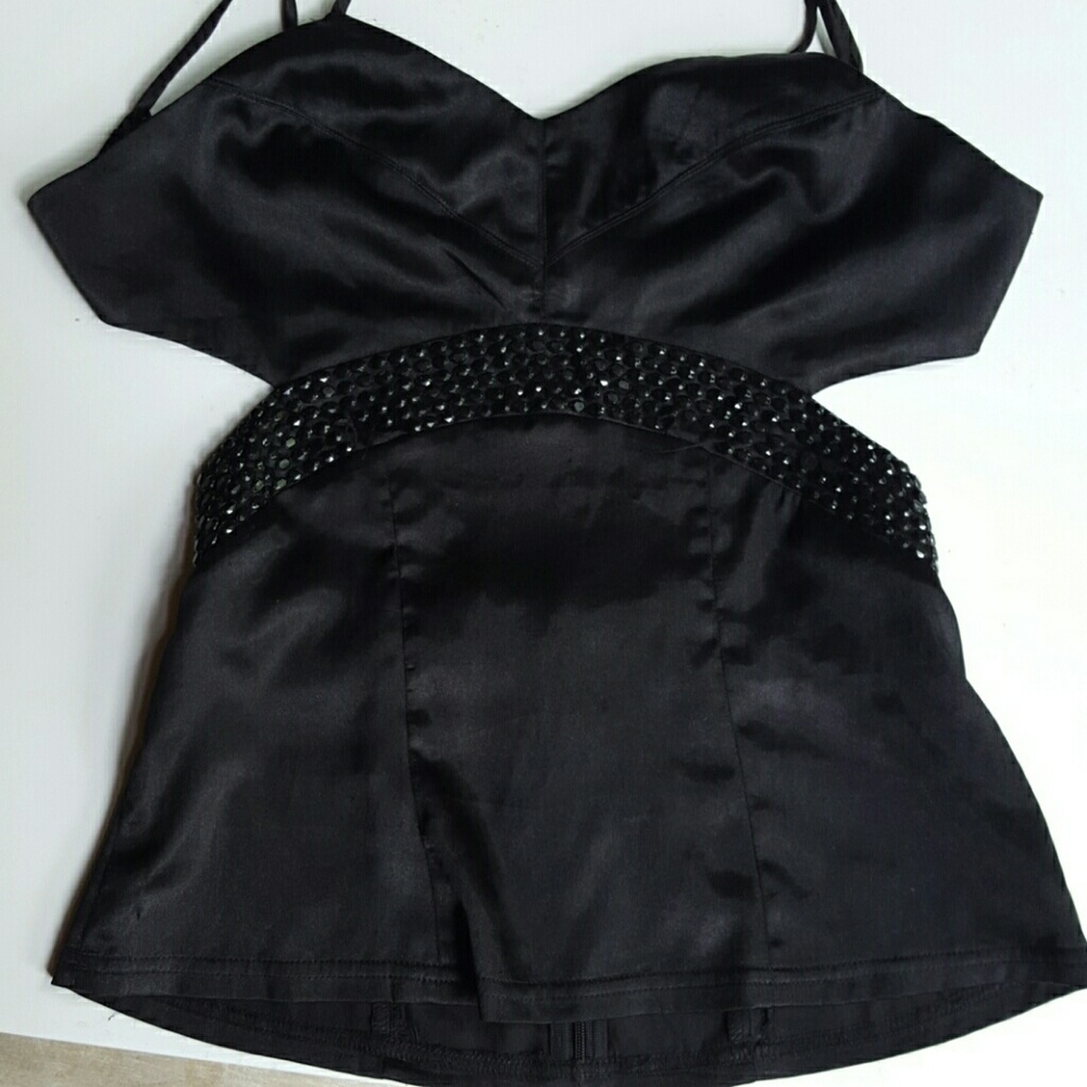 Black satin halter side cut out backless shirt