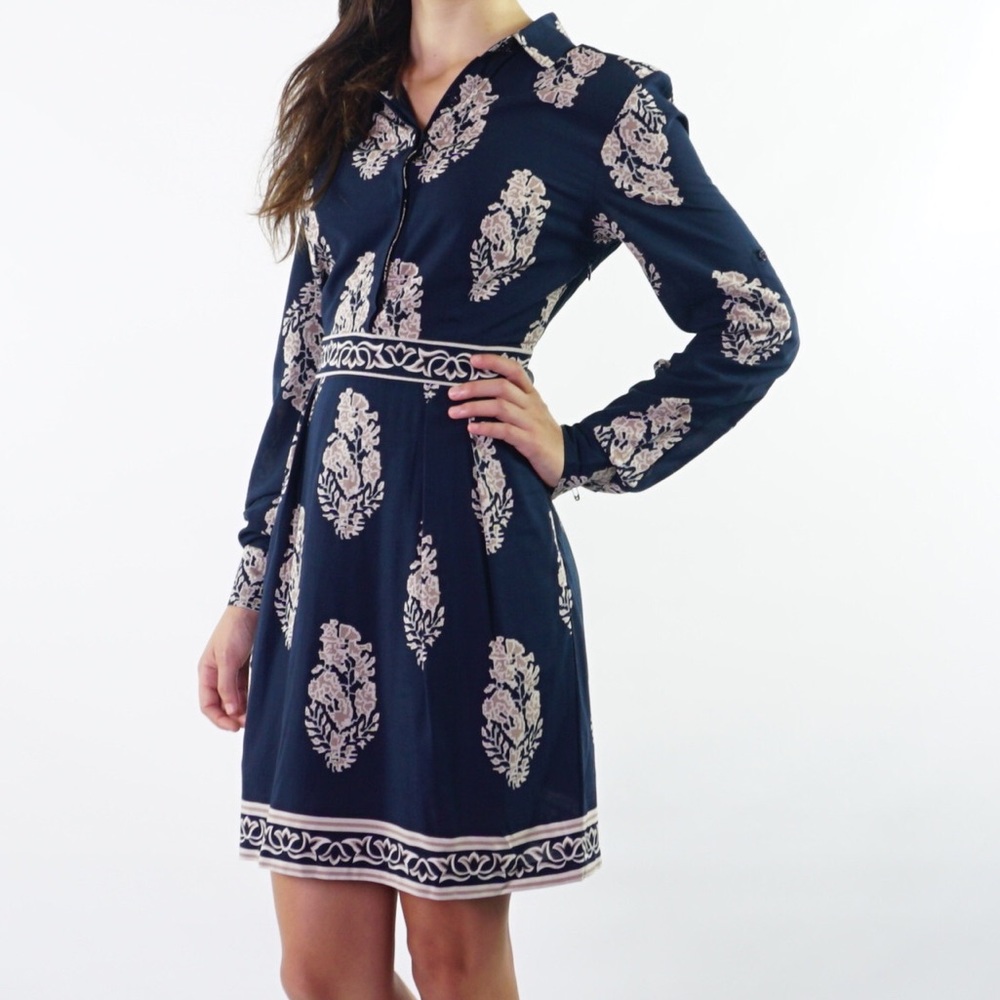Navy printed long sleeve button up dress