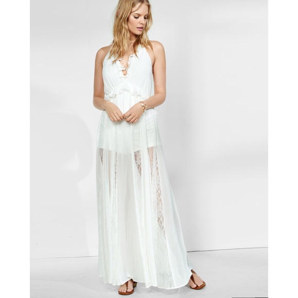 EXPRESS RUFFLE NECK LACE INSET MAXI PLUNGE DRESS - Picture 2 of 6