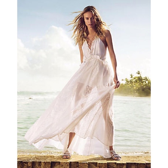 EXPRESS RUFFLE NECK LACE INSET MAXI PLUNGE DRESS - Picture 5 of 6