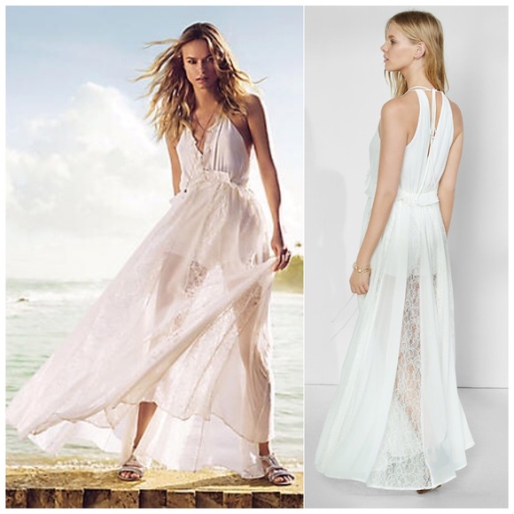 EXPRESS RUFFLE NECK LACE INSET MAXI PLUNGE DRESS - Picture 4 of 6