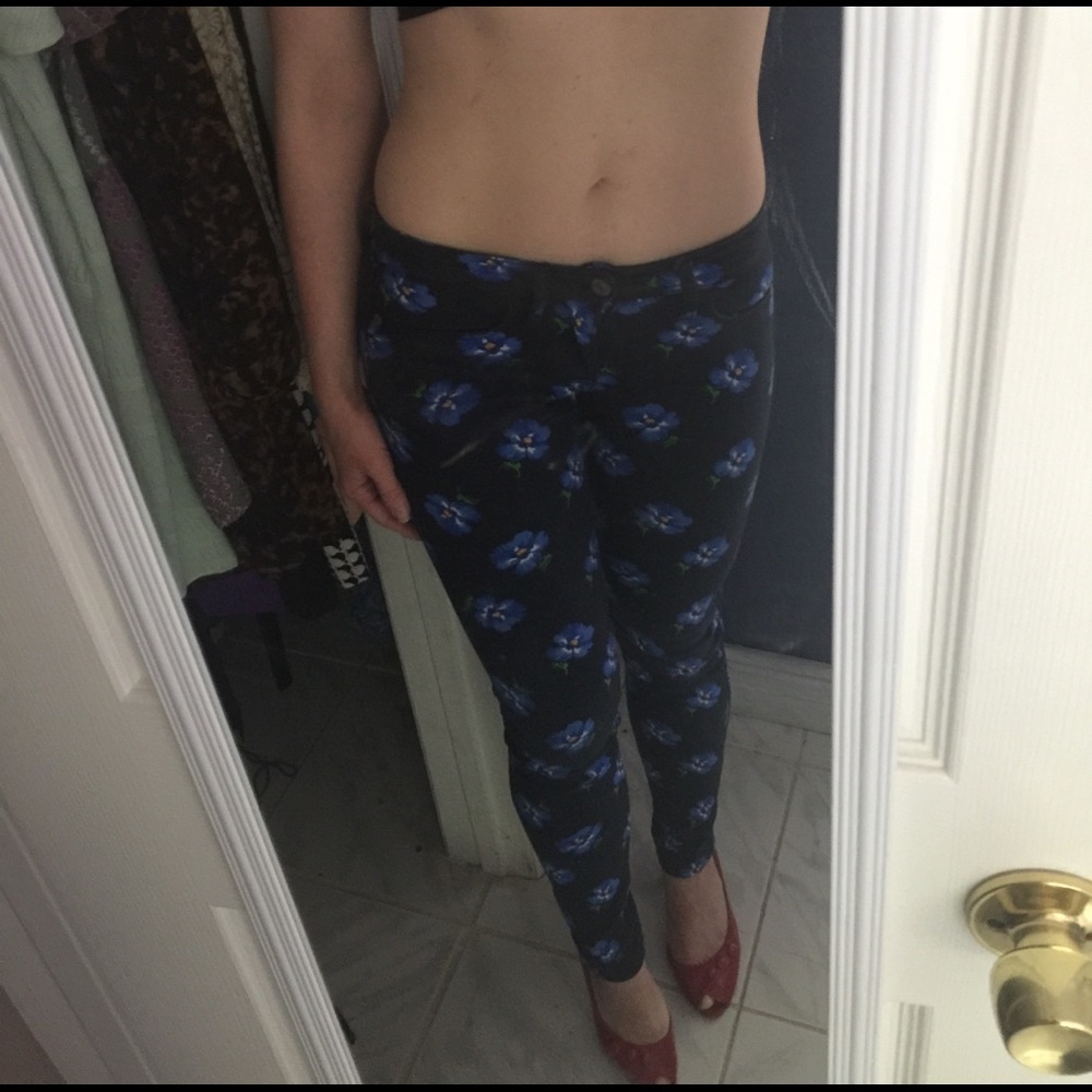 Navy/Royal Blue Pansy Print Skinny Jeans