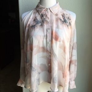 Jennifer Lopez cold shoulder sheer blouse
