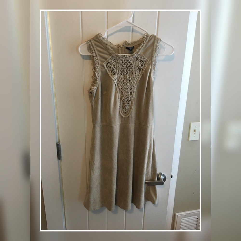Creamy crochet lace beige suede mini dress
