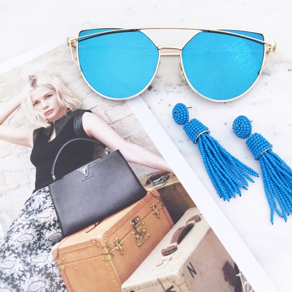 "Natalie" Sunglasses || Blue/Gold Mirror Cat Eye - Picture 1 of 6