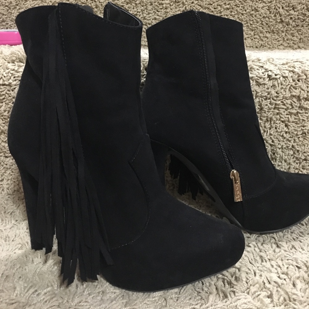 BEBE Black Fringe high heel Booties size 7