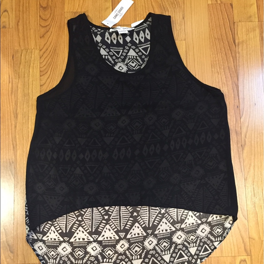 Black high low tank top with Aztec print details