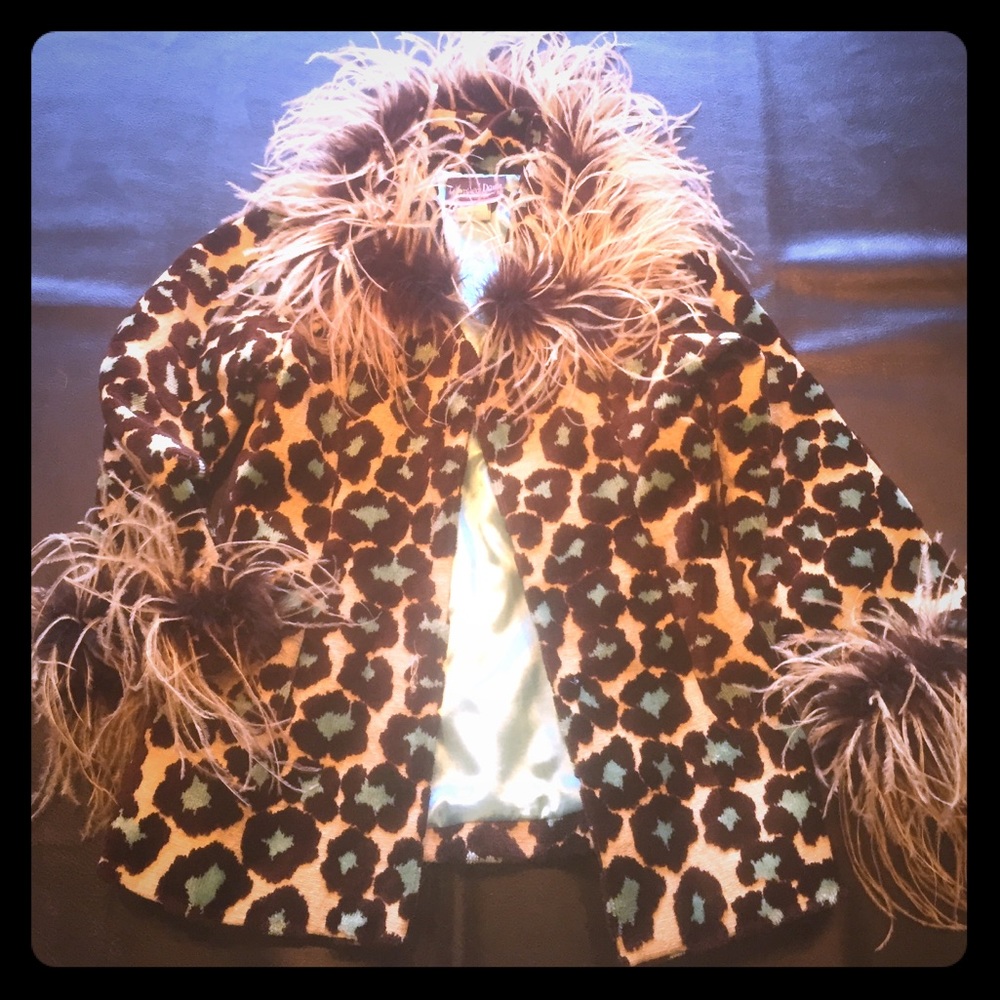 Leopard pea coat with feather trim