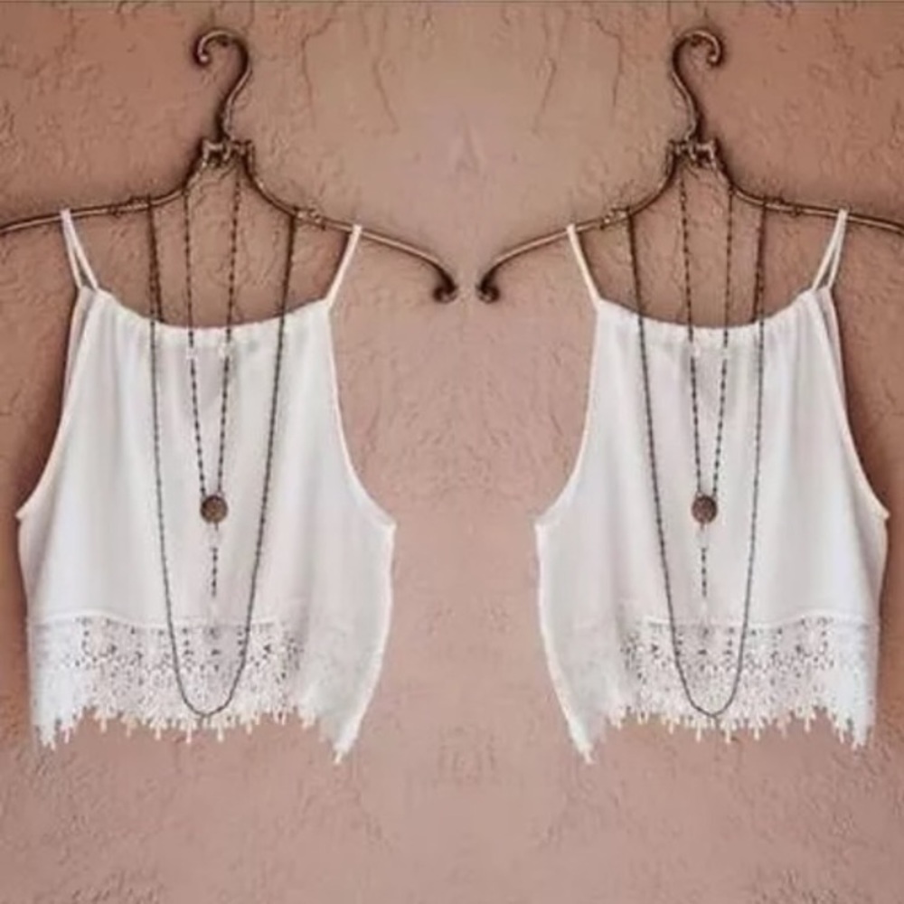 White Chiffon Lace Crop Top w/ Side Zipper