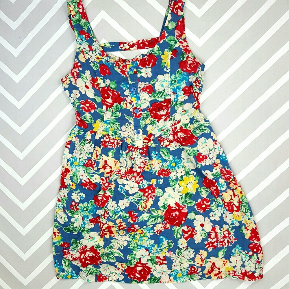 Anthropologie Blue Floral Caged Back Boho Dress