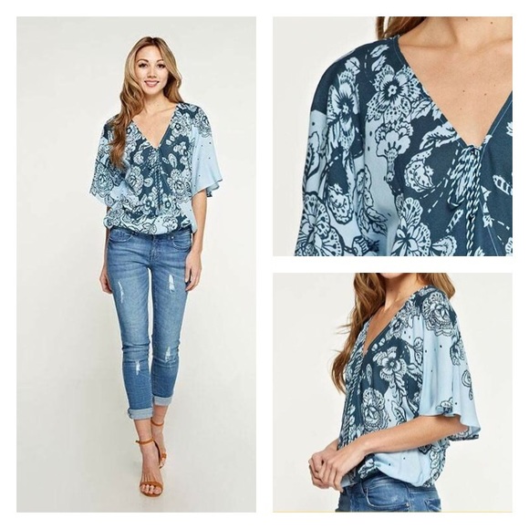 Tops - Blue Floral Surplice Tassel Tie Front Top
