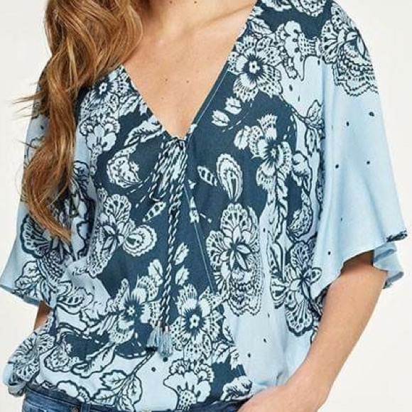 Blue Floral Surplice Tassel Tie Front Top - Picture 2 of 5