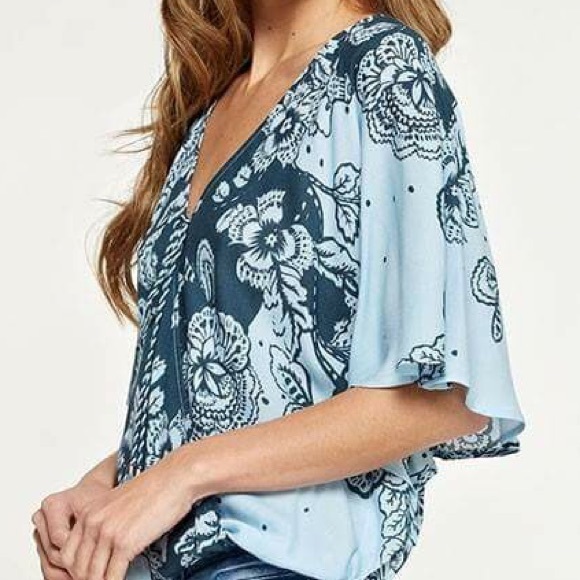 Blue Floral Surplice Tassel Tie Front Top - Picture 3 of 5