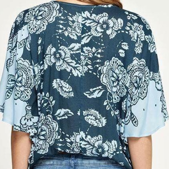 Blue Floral Surplice Tassel Tie Front Top - Picture 5 of 5