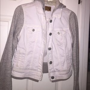 White jean jacket with grey sleeves and hood