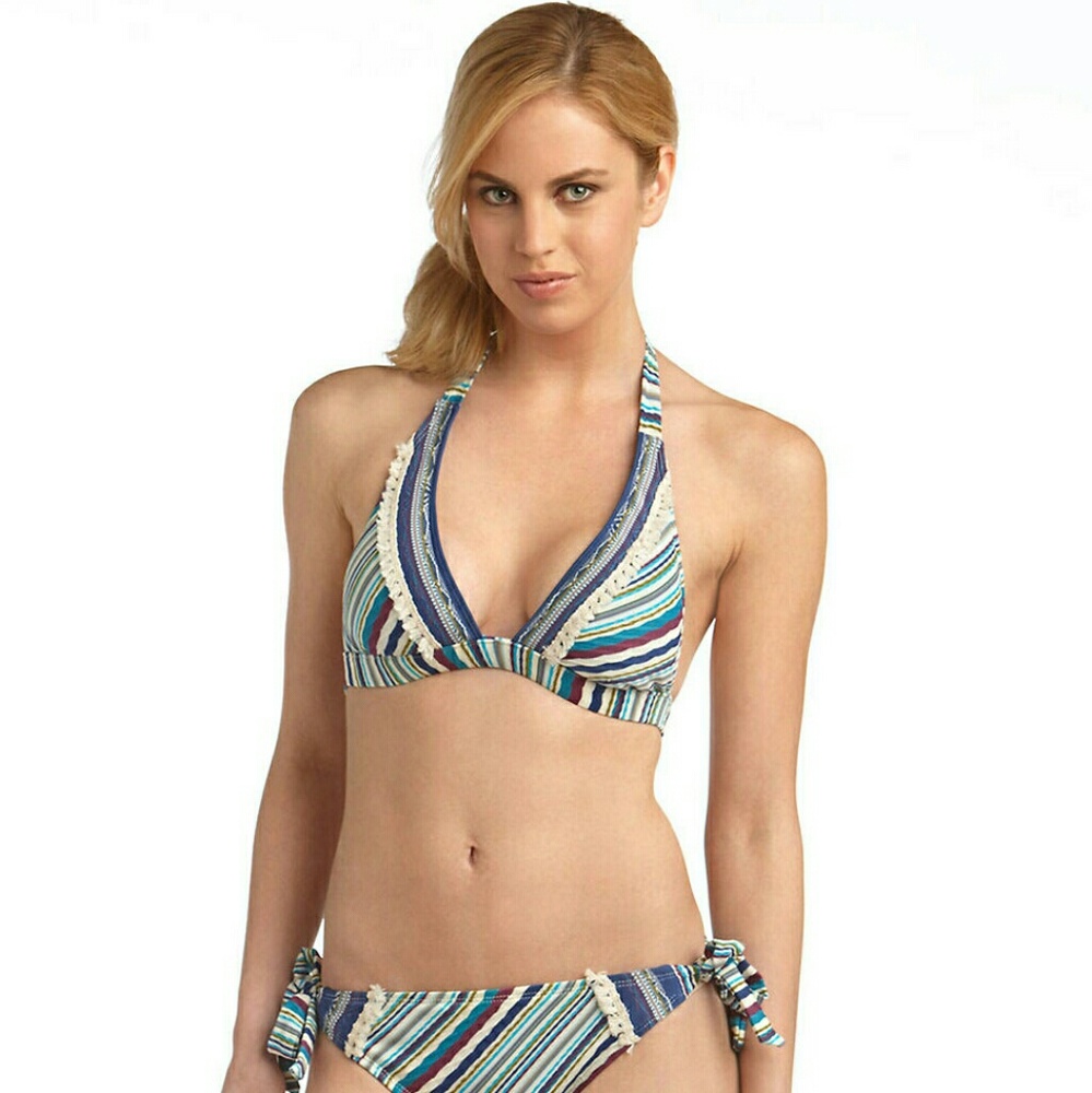 Lucky Brand Blue Striped Fringe Halter Bikini Top