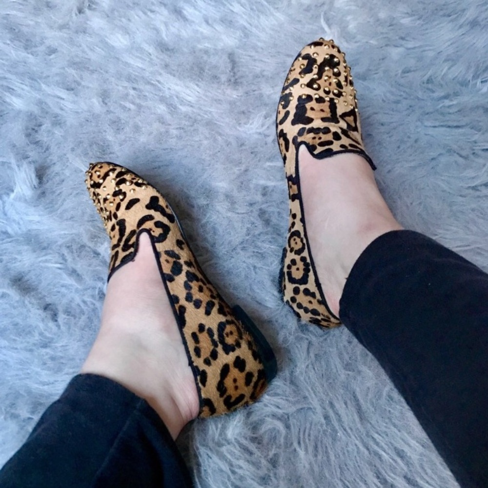 Faux Fur Cheetah Print Gold Studded Flats