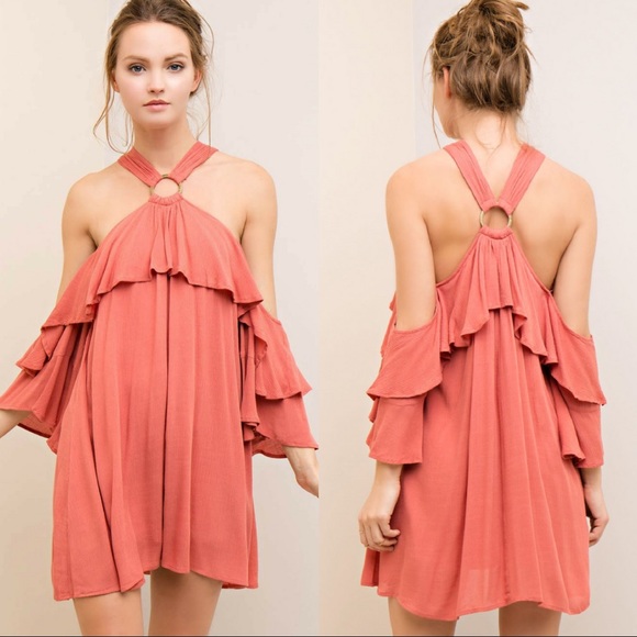 🆕Off Shoulder Flowy Ruffle Halter Dress - Picture 2 of 4