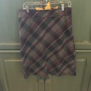 Purple and gray plaid midi skirt