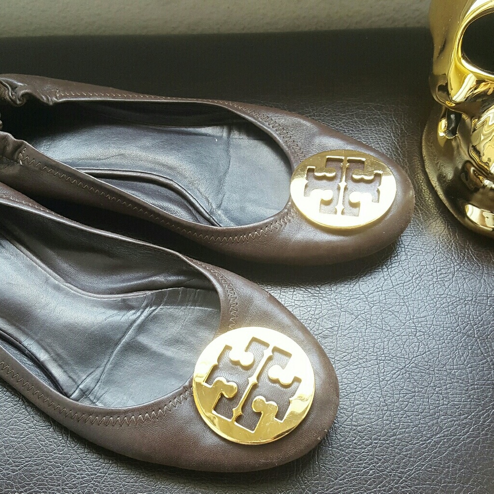 Tory Burch Brown/Gold Leather Reva Flat