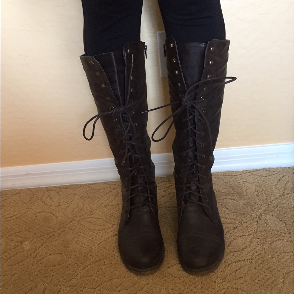 Brown knee high combat boots