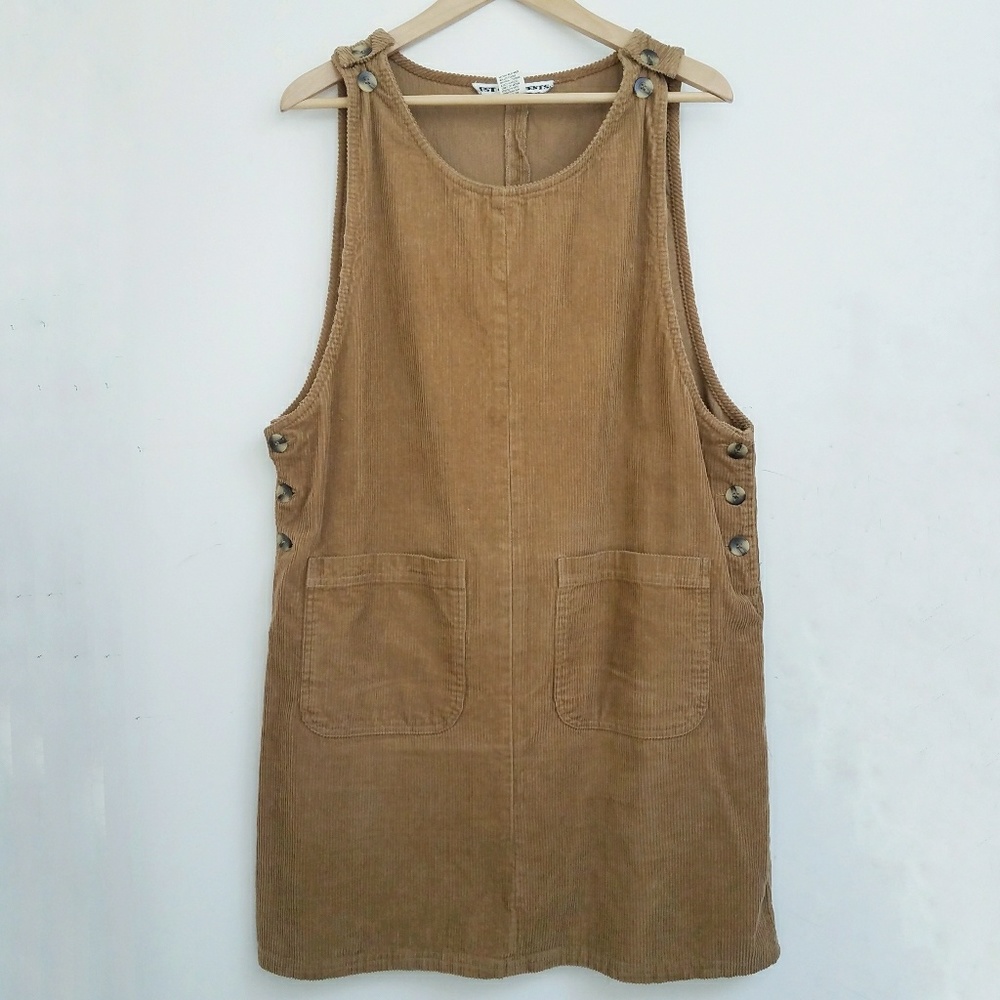 Vintage 70s Corduroy Button Overall Pinafore Dress