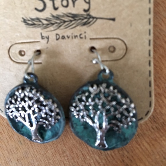 Tree earrings metal verdigris patina pierced ears - Picture 2 of 4