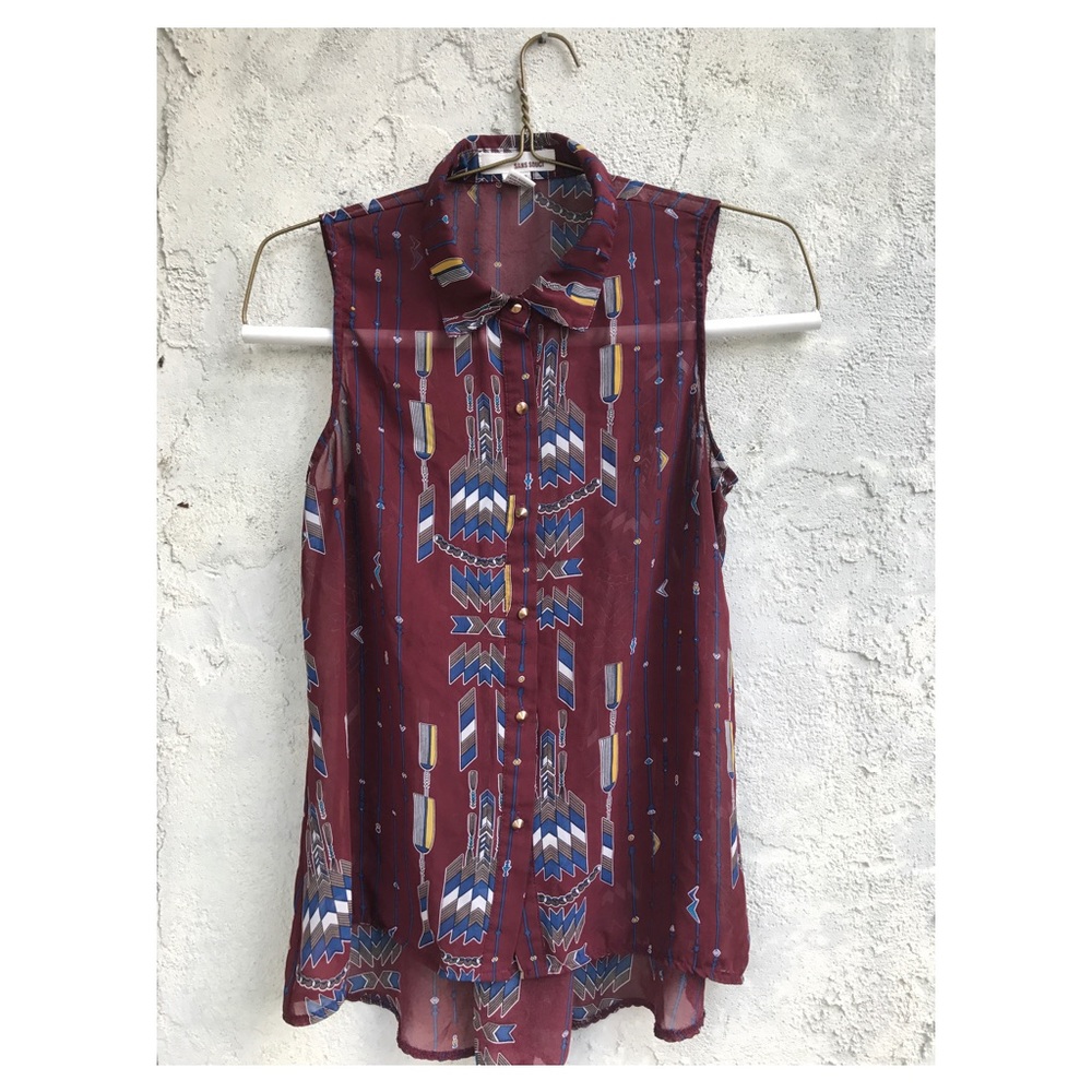 Sheer Sleeveless Maroon Button-Up