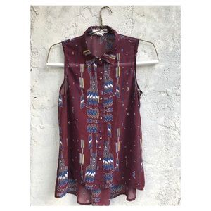Sheer Sleeveless Maroon Button-Up