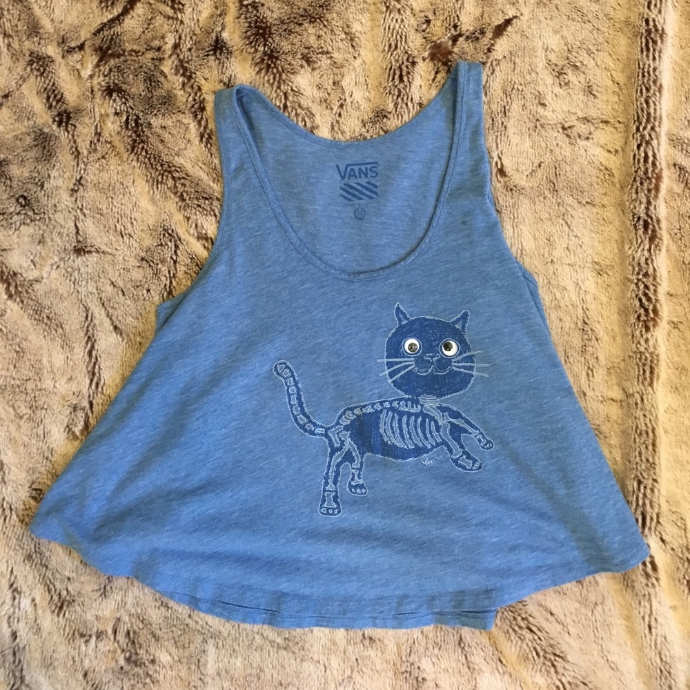 Blue Vans tank top with googly eyed cat
