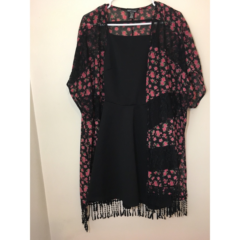 Flower Print, Lace & Fringe Kimono With Dress
