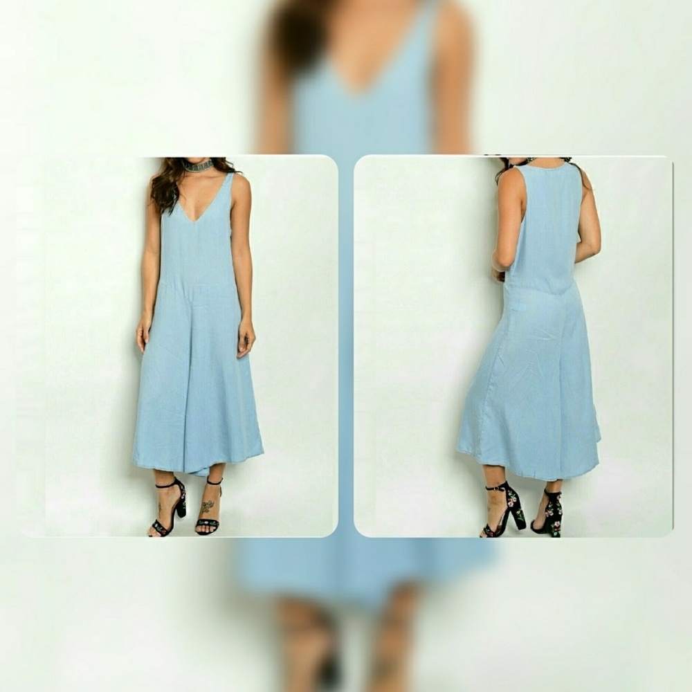 Light Blue Chambray Wide Leg Jumpsuit