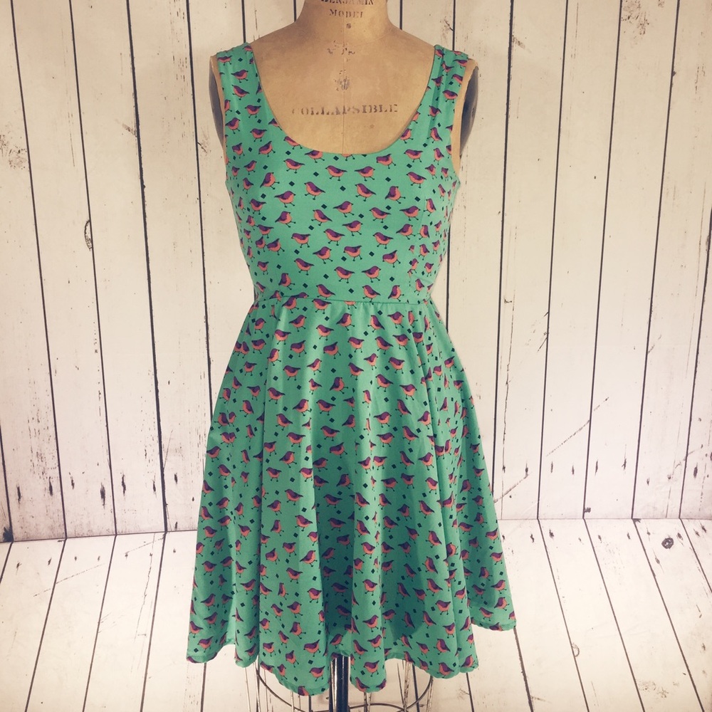 Cute Sleeveless Teal Bird Dress