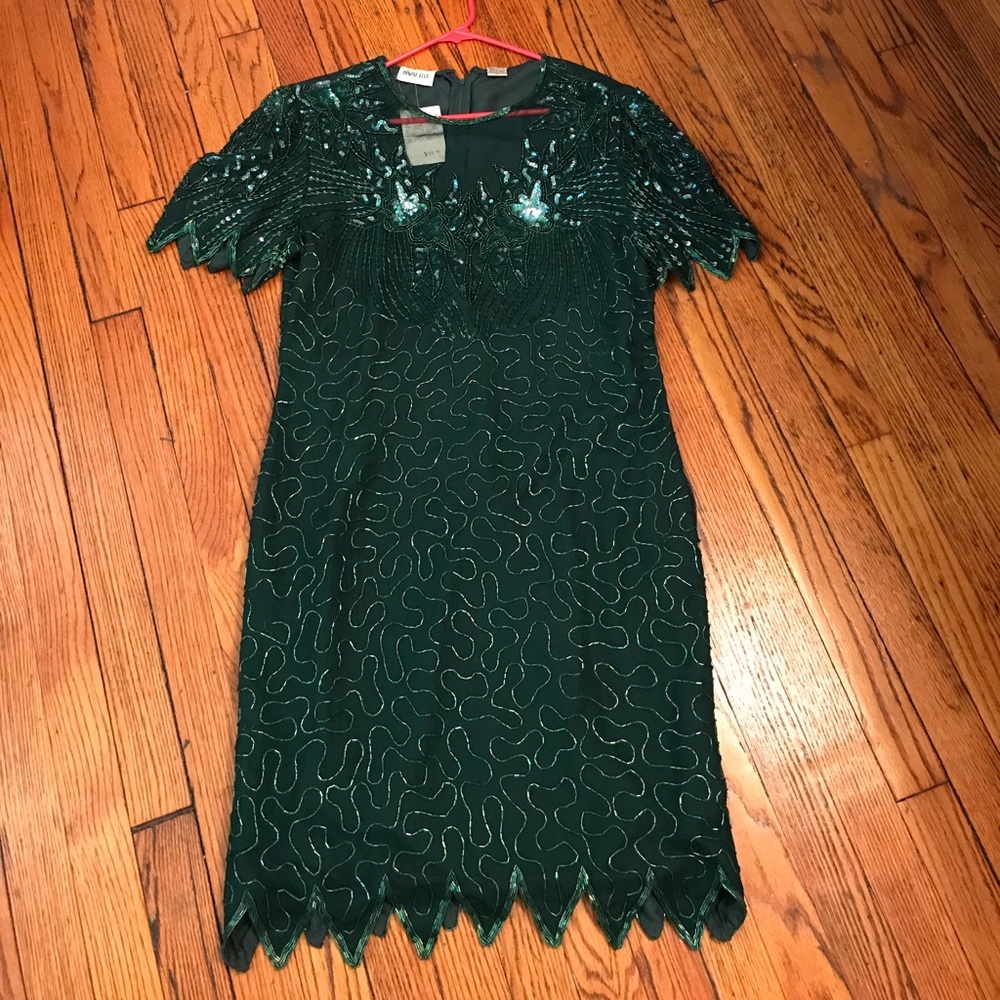 Vintage Denise Elle Green Sparkle Beaded Dress.