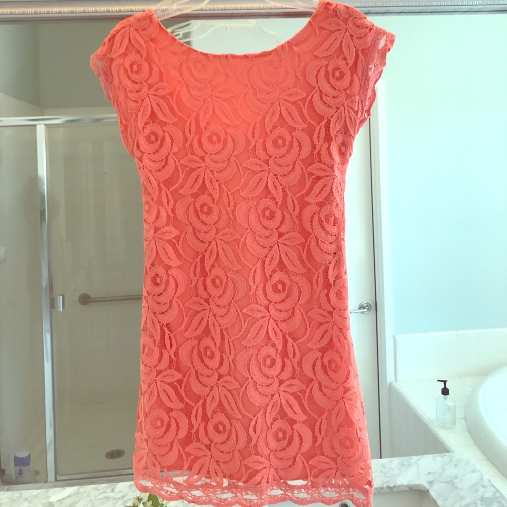 Love, fire coral lace dress from Nordstrom