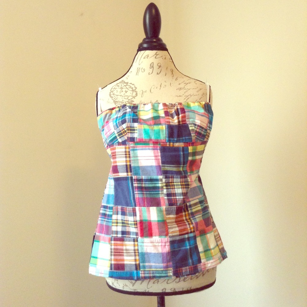 J.Crew Madras patchwork strapless top