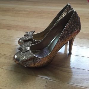 Sparkly gold Cathy Jean heels with bow