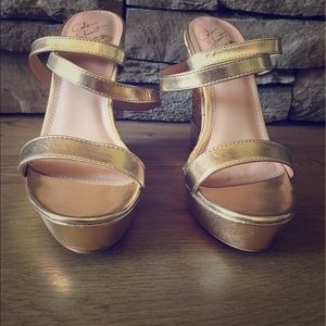 Gold metallic ankle strap wedges