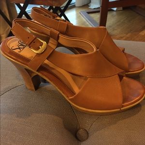 Cognac leather open toe heels