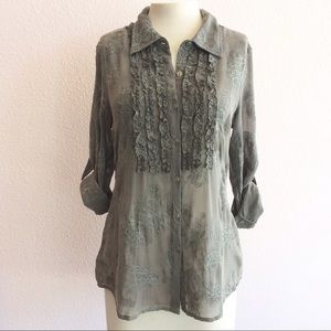 True Grit ruffle front blouse embroidered details