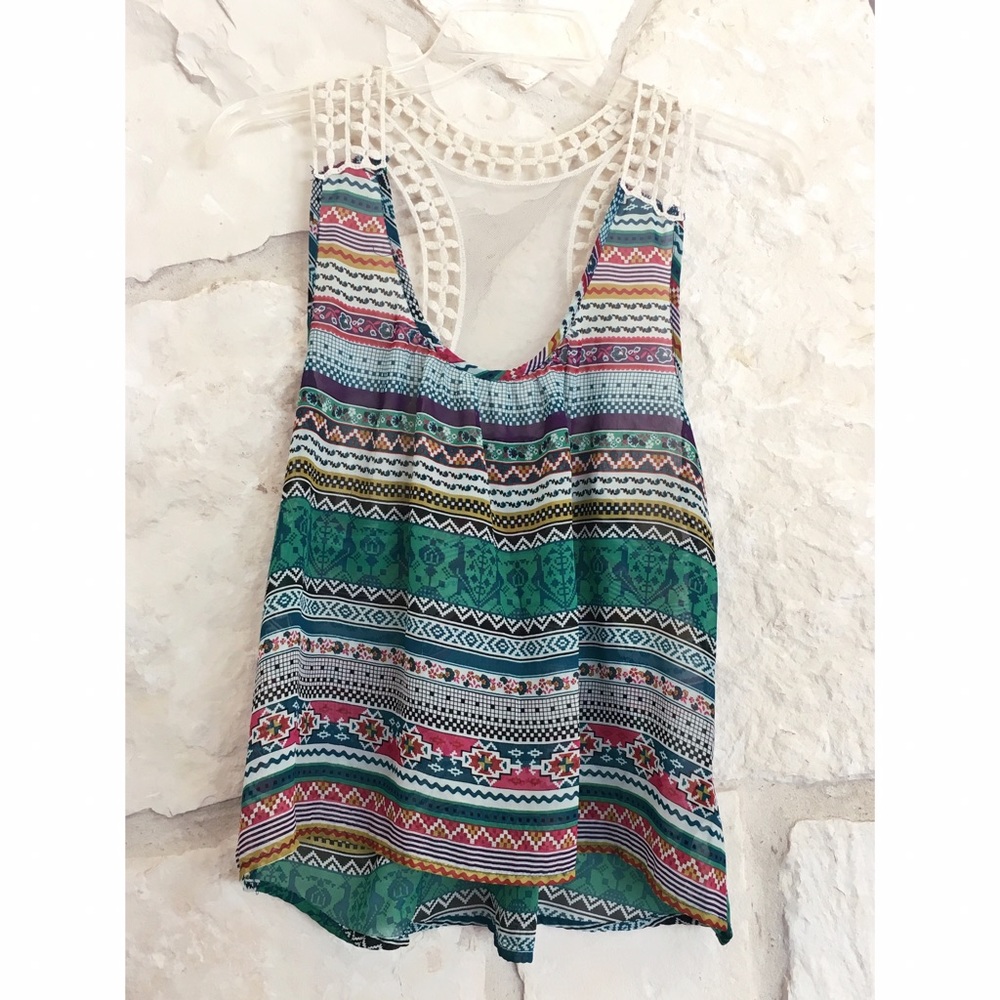 Boho Patterned Tank With Lace Back Detail