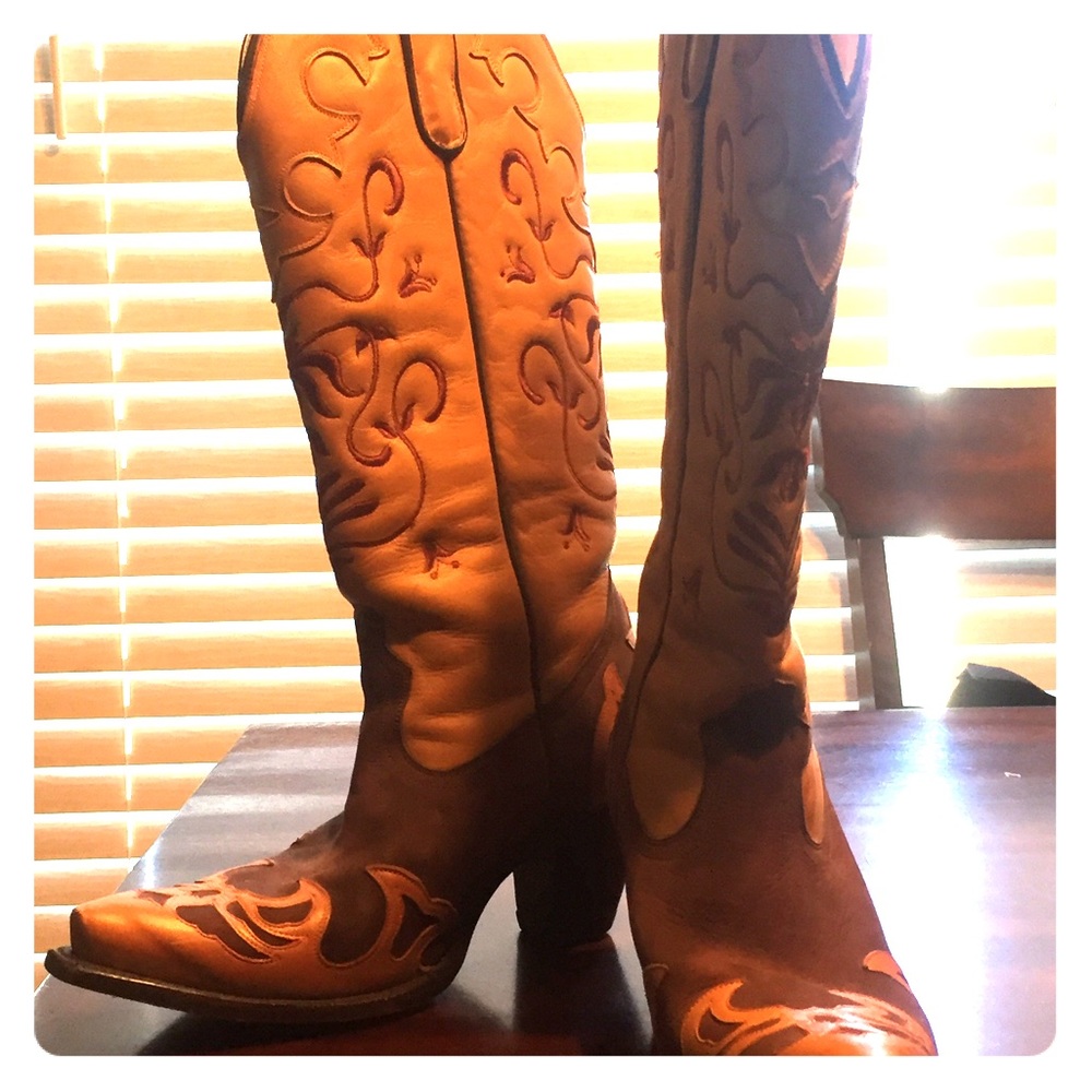 Brown boots with tan overlay by Lane Boot Co