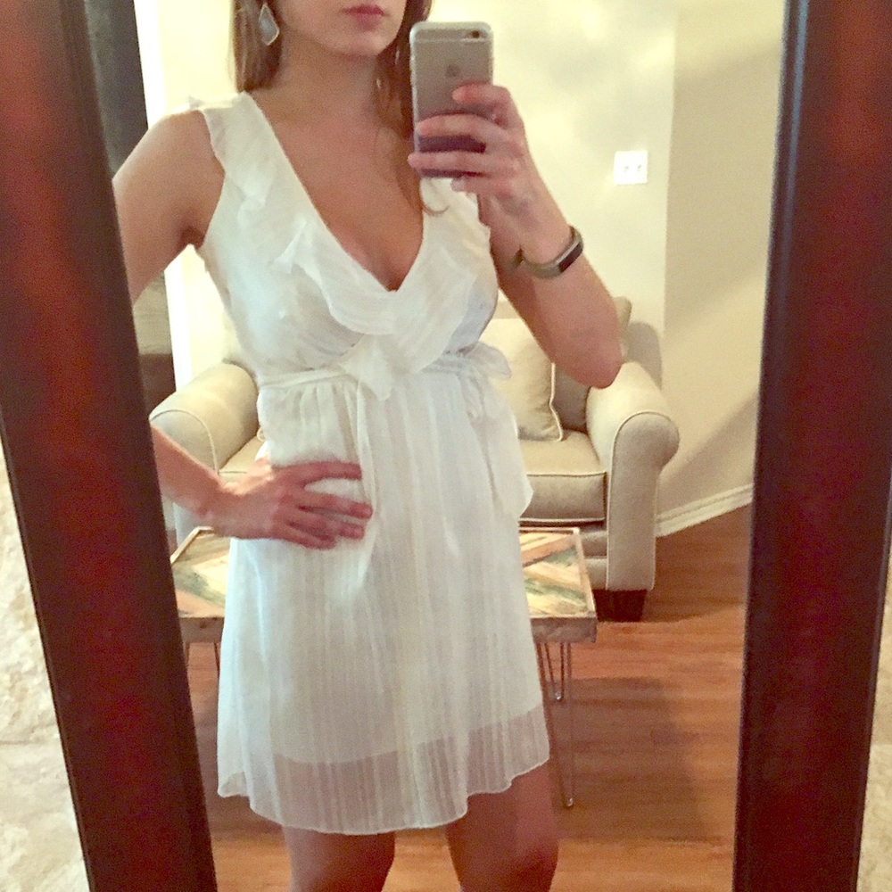 White sheer v neck dress with ruffles