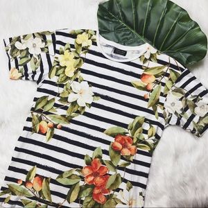 Zara Man Navy Striped Botanical Print Shirt