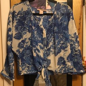 F21 Love21 Floral Flower Tie Button Down Blouse