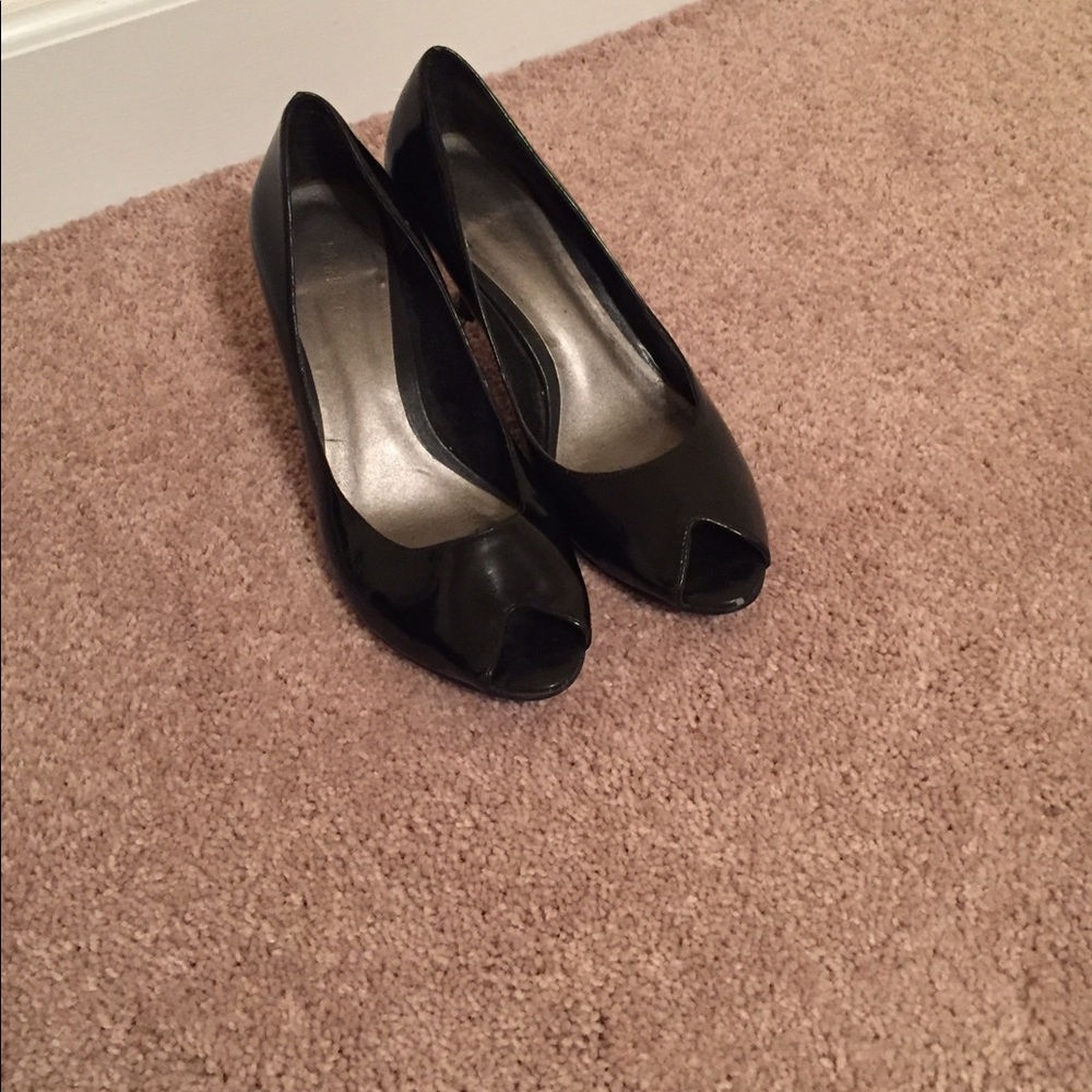 Black Leather Peep-Toe Heels