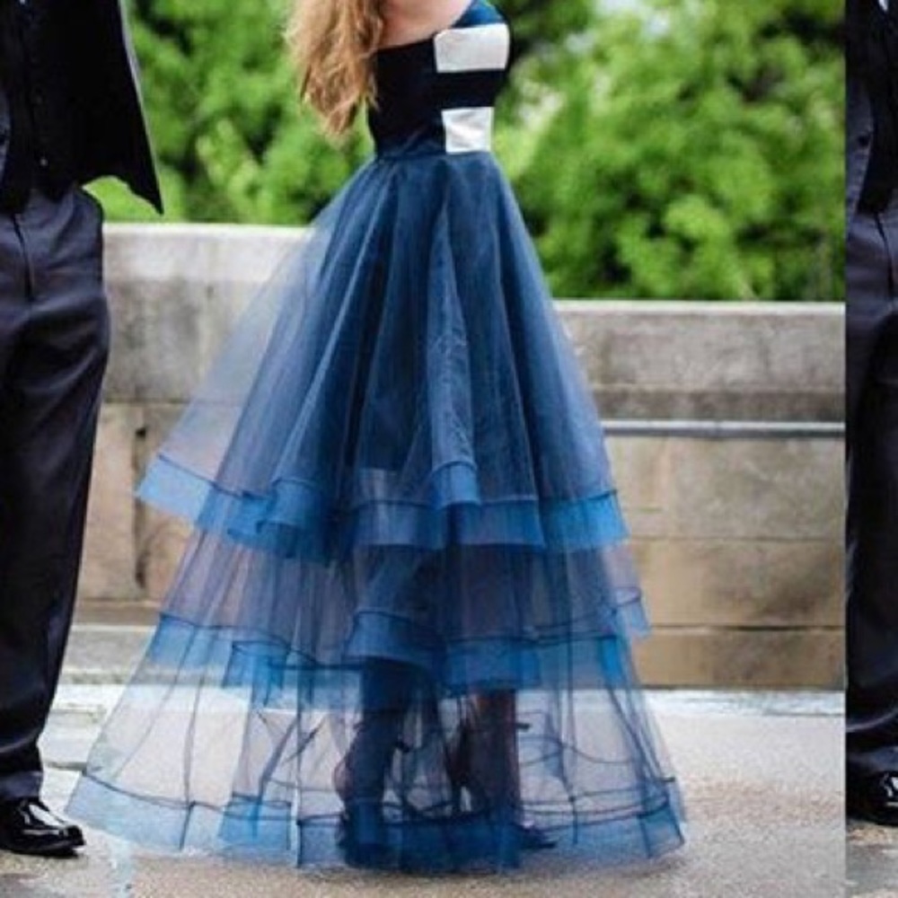 Navy/White/Striped/Sheer Prom-Evening Gown